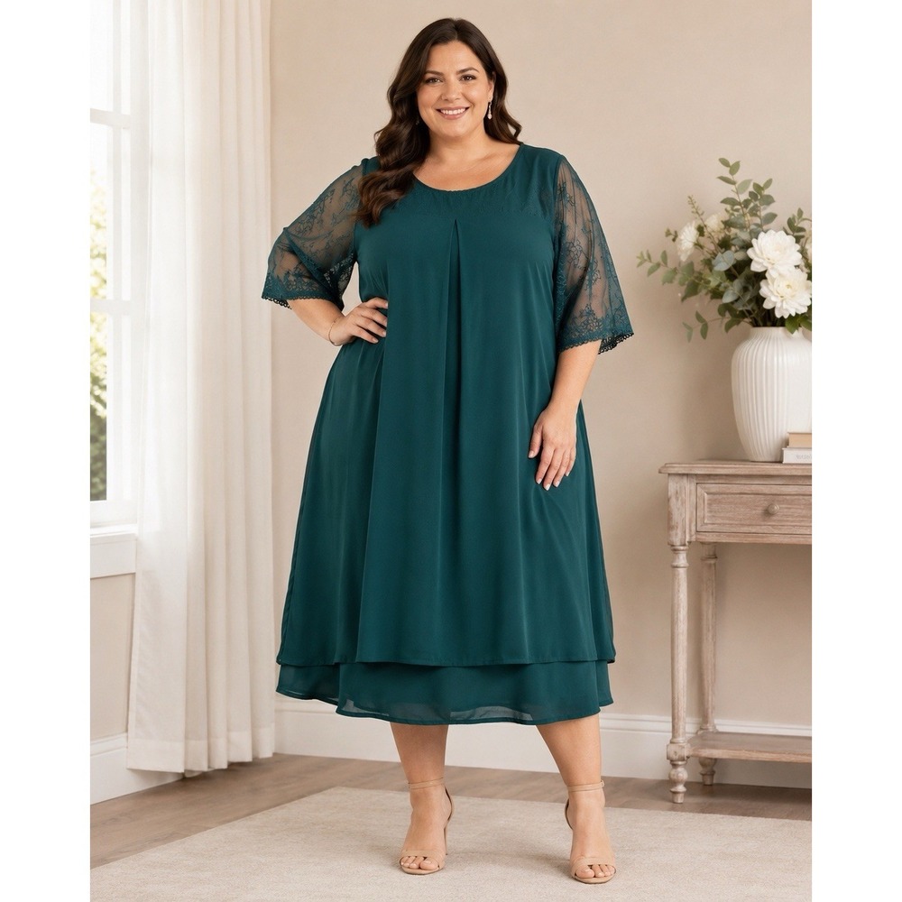NEW Emery Rose Size 3X Emerald Green Sheath Dress Lace Sleeves Midi Knee Length